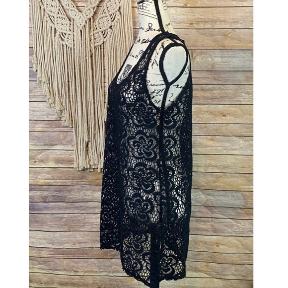 La Blanca | Black Crochet Floral Lace Sleeveless Tunic Swim Bikini Coverup Top - Picture 3 of 7